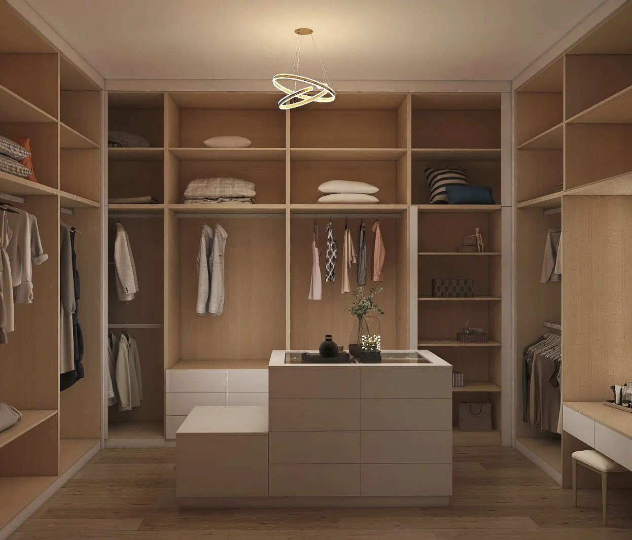 Casa moderna de alta calidad dormitorio muebles de madera puerta corrediza de vidrio de almacenamiento de ropa vestidor