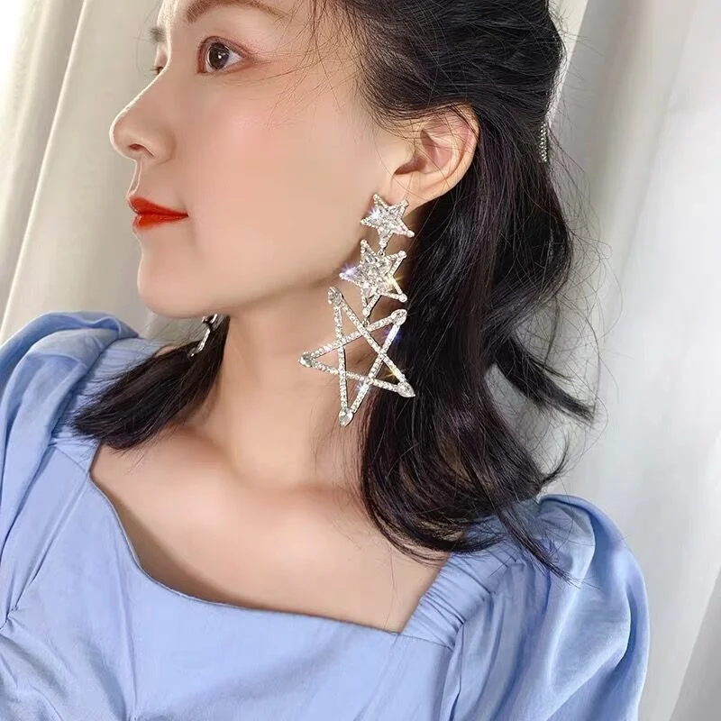 Yp42 Statement Pentagram Diamond Tassel Wedding Earrings Wedding Accessory