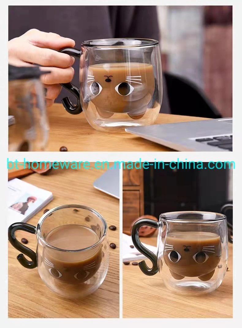 Wholesale 350ml 11.5oz Double Wall Glass Black Cat Head Water Milk Tea Coffee Cup Thermal Insulation and Anti-Scald with Black Handle Silicone Lid and Cup Mat