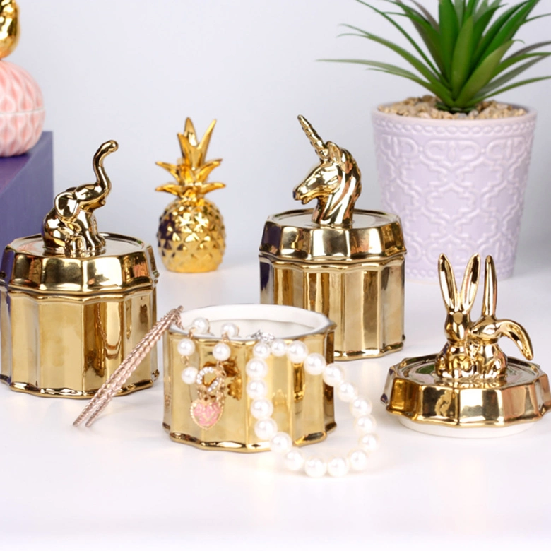 Cerâmica personalizado Plating Golden Porcelana Unicórnio Animal Shape jóias penduradas Organizador de armazenamento