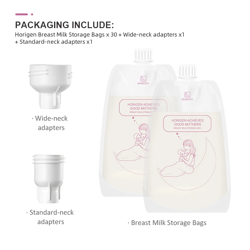 Horigen Food Grade Safe Durable Double Layer Material Breast Milk Storage Bags with Wide Neck Standard Neck Adapters