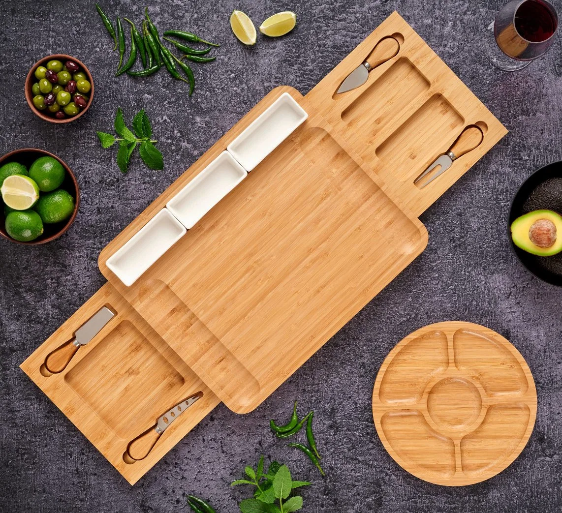 Wurstplatte, Käseplatte, Keramikschalen &amp; Messer Set, extra große Bamboo Platte zum Servieren von Käse, Fleisch - Geschenk für Männer, Frauen, Paare, Anniversa