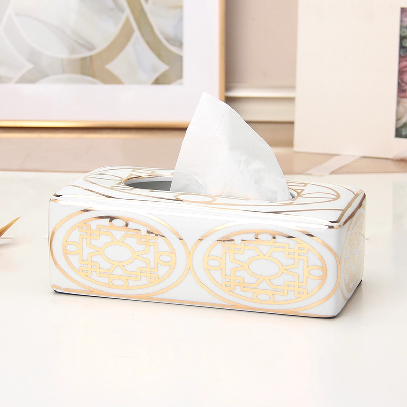 T014 último diseñador Ceramic Gold Tissue Box Holder Casa de lujo Accesorios de decoración Caja de papel rectangular de porcelana