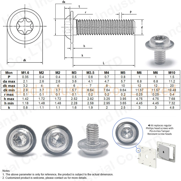 A2 acier inoxydable A4 Pan tête Torx antivol Galette de vis Torx de sécurité