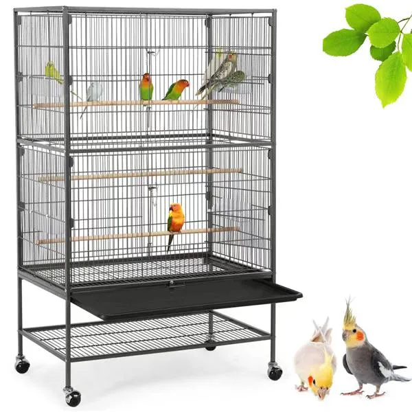 Cage d'élevage d'oiseaux en fil d'acier en gros avec jupe et roulettes pour oiseaux de compagnie, perroquets et canaris
