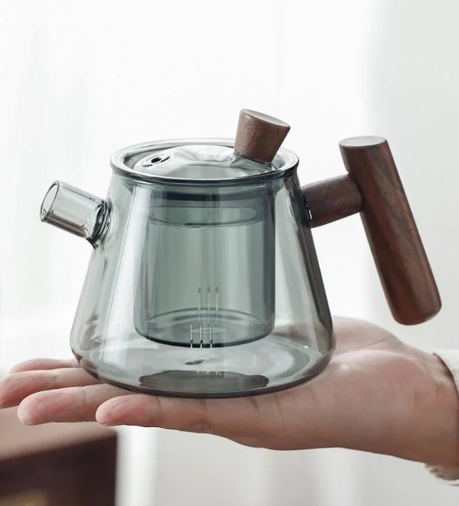 Vaso Tea Pot Gris Color alto Borosilicato cerveza de té independiente Juego de Tetera de vidrio con Inpuser de té de vidrio y mango de madera Caja de regalo