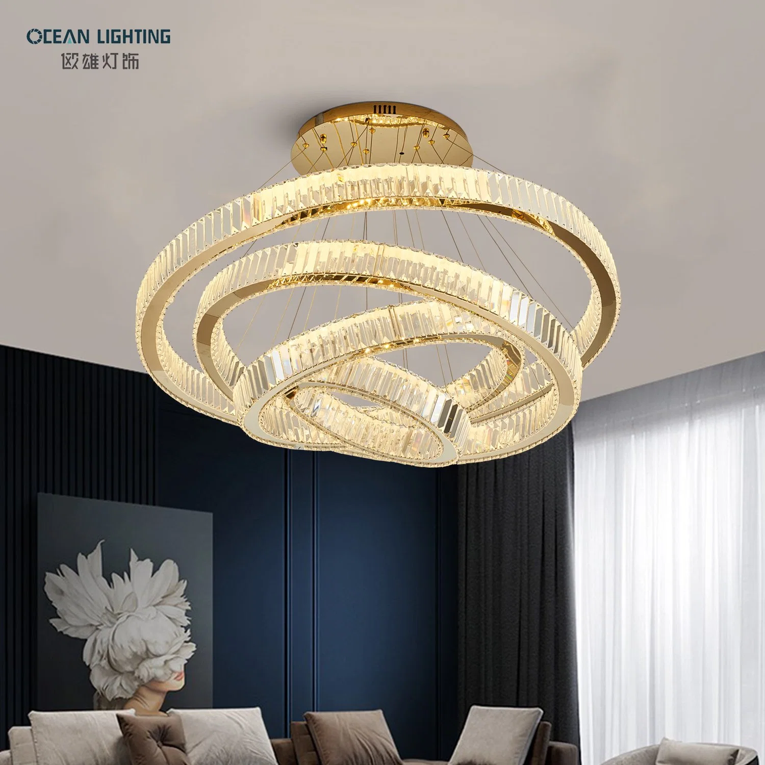 Luz colgante de cristal LED grande en forma de círculo, contemporánea, de lujo y moderna para decoración interior con iluminación oceánica