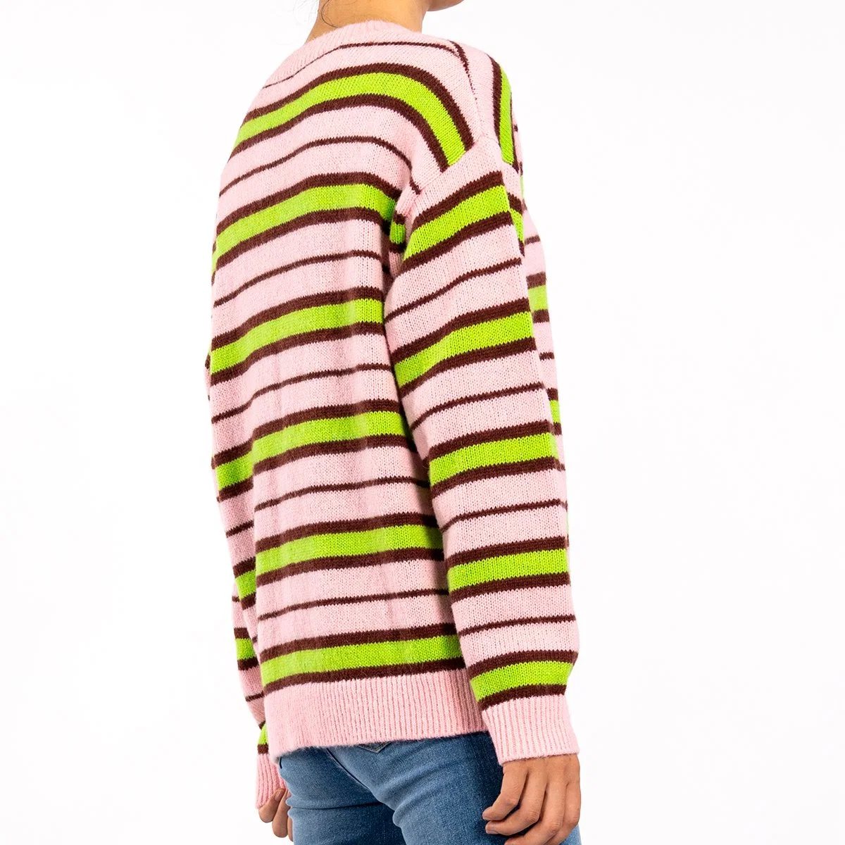 Colorful Striped Knit Lightweight Long Sleeve Loose Comfort Sweater Pullover for Women