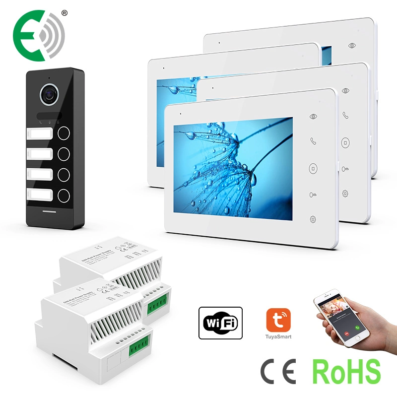 2-Wire Small Apartment Intercom System for 4 Families with 7" Video Doorphone Monitor and Power Supply