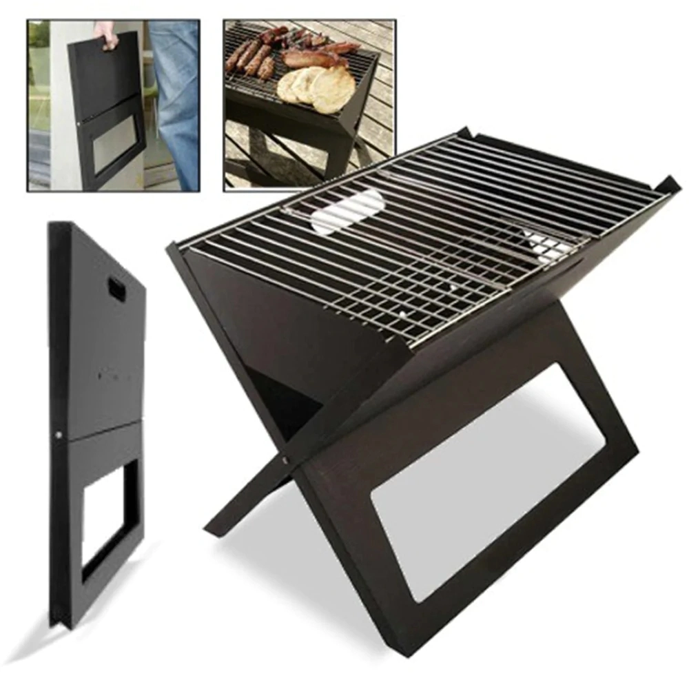 Camping Notebook Folding Portable BBQ Barbecue Gridiron with Chrome Plated Cooking Grid Black Charcoal Grill