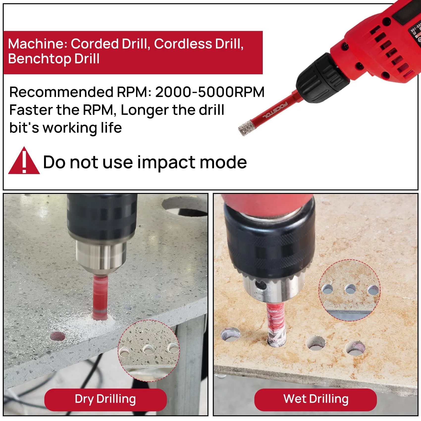 Dry Diamond Drill Bits Set 5PCS 6/6/8/10/12mm Diamond Hole Saw Kit with Quick Change Hex Shank for Ceramic Porcelain Tile Marble Granite Quartz