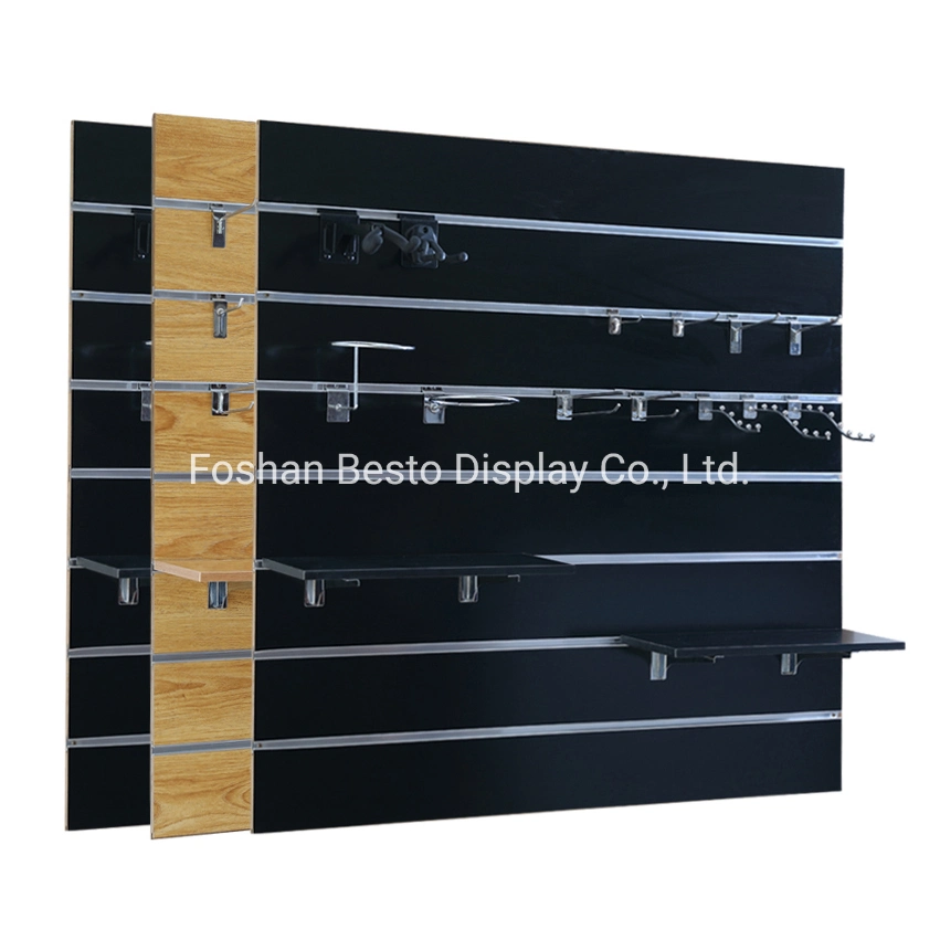 4 بوصات × 4 بوصات، حائط ملطس عمودي محزز من MDF مع إدراج من الألومنيوم ورفوف MDF وخطاطيف الأجهزة الخاصة بسيارات إعادة البيع