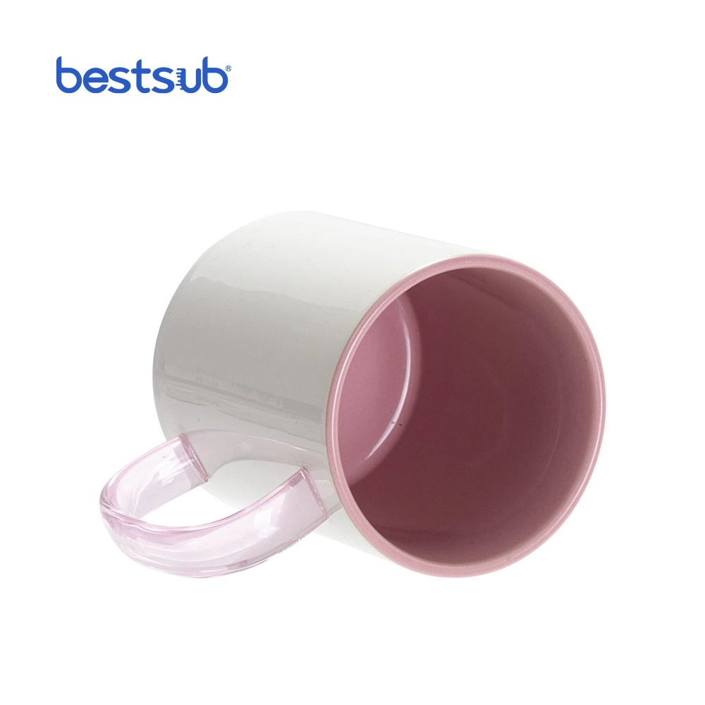 Bestsub Wholesale/Supplier Sublimation Blanks 11 Oz Promotional White Ceramic Mug Two-Tone Color Mug (Pink Glass Handle)