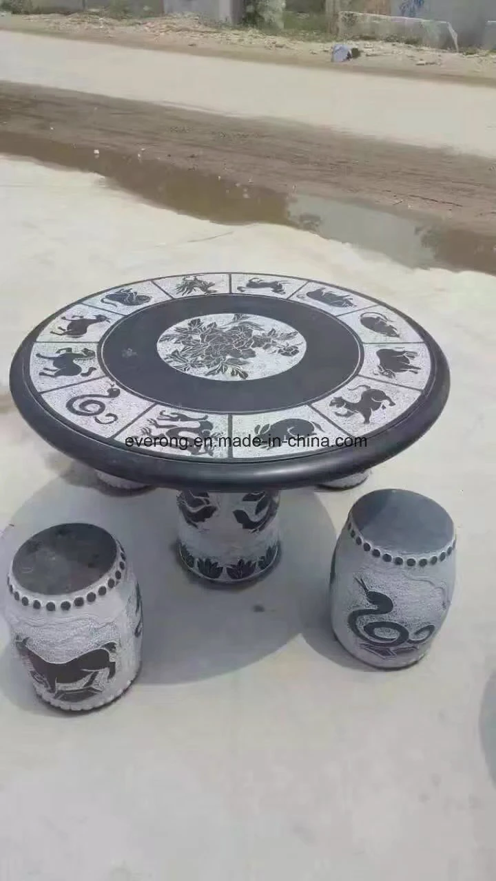Black Granite Carving Round Table with Four Round Benches for Home &Garden Decoration