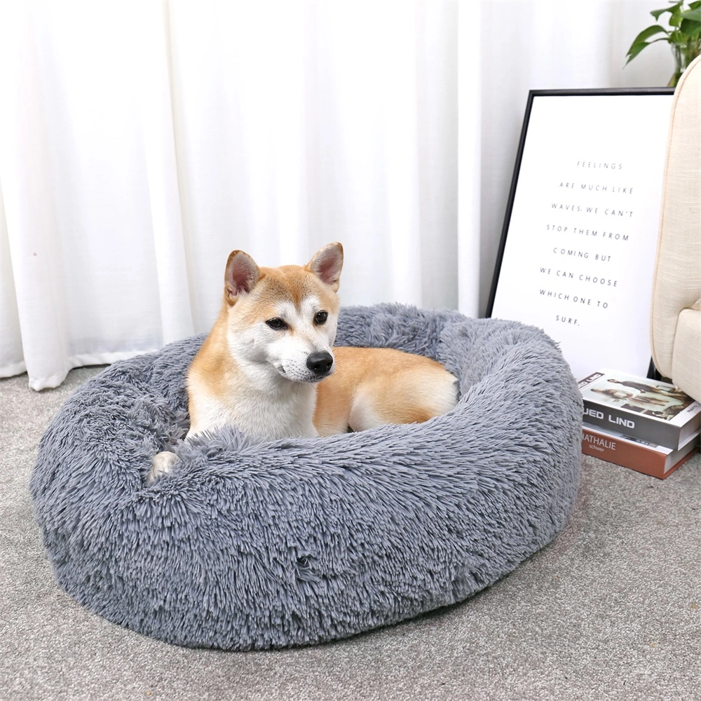 Tempo de tecido de peles Faux Dog Cama confortável cama de cão Redonda Rosquinha Super Macio Cama Almofada Pet lavável