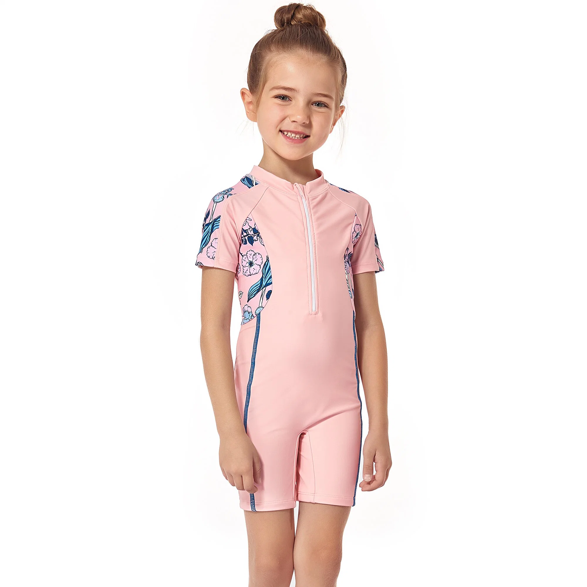 2023 New Girls' Swimwear Zipper Short-Sleeved One-Piece Swimsuit Three Needles Five Lines Children's Pants Beachwear