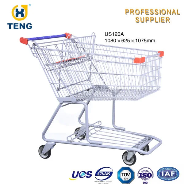 Hot Sell Us Style Big Volume Supermarket Hand Trolley Push Cart for Groceries