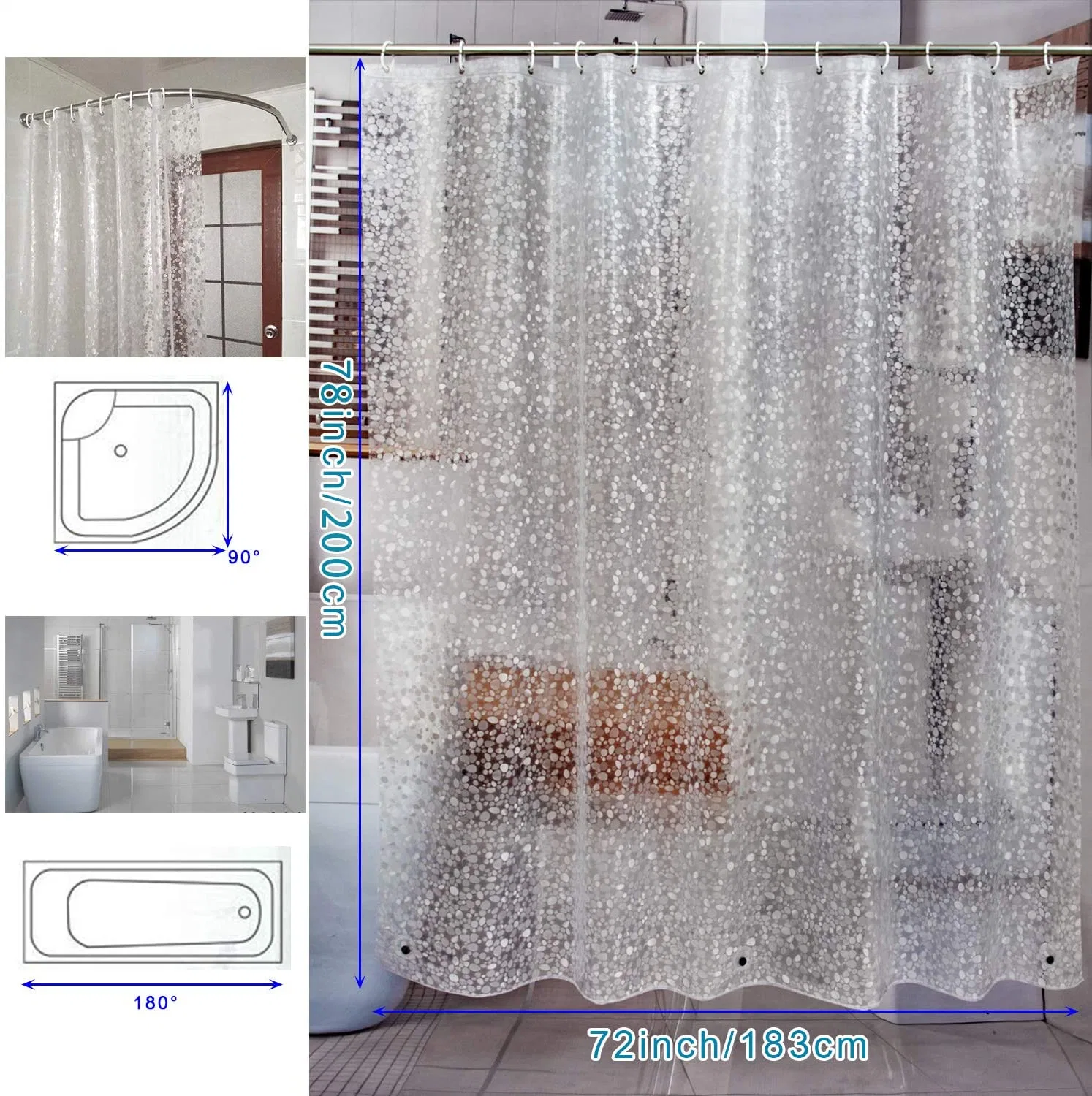 PEVA Shower Curtains Liner Water Repellent for Bathroom Shower Stall Mildew Proof and Anti-Bacterial