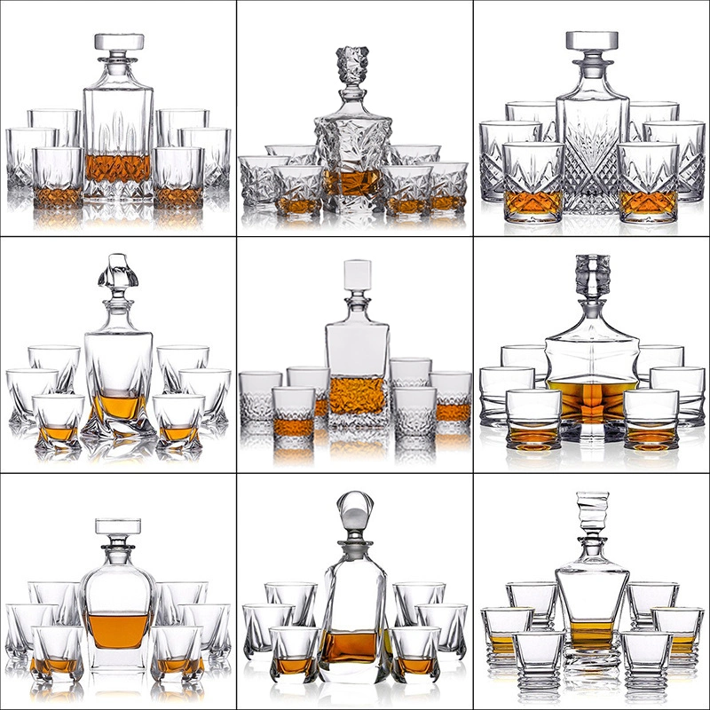 Huahangna Free Sample Classic Design 900ml Liquor Bottle Holder Whiskey Decanter Set with 6 Whisky Glasses in Gift Box for Gin Rum Tequila Wine