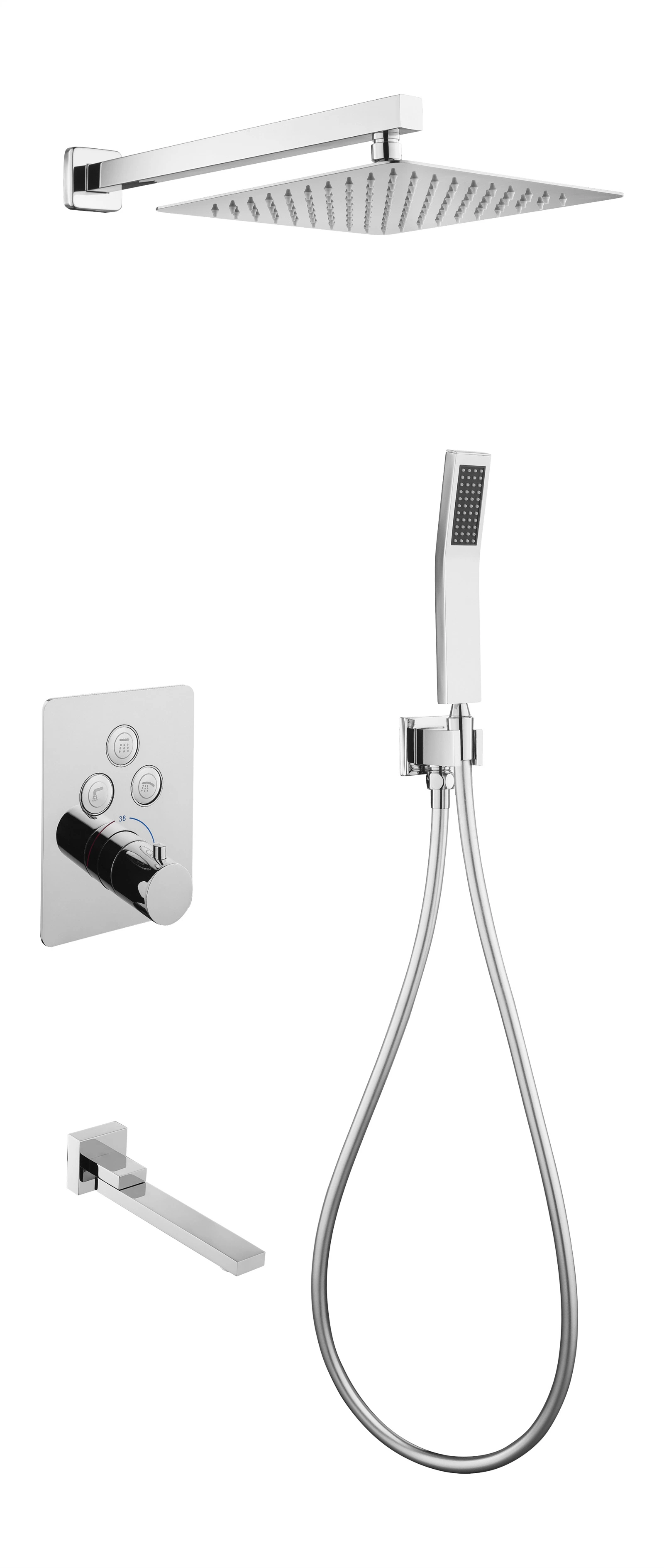 Luxury Modern Brushed Nickel Finish Button Shape Three Functions Thermostatic Concealed Shower Mixer Set