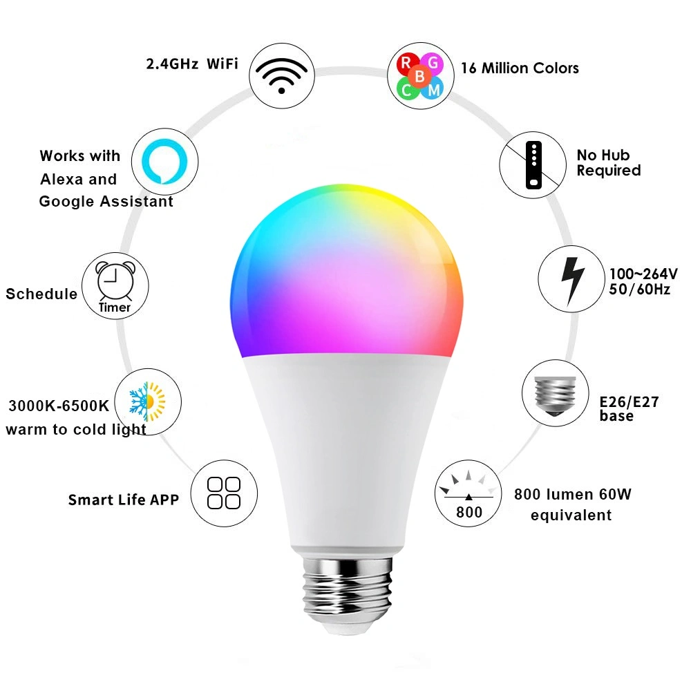 LED WiFi A60 10W Smart Phone APP Voice Control Alexa Google Play Google Control 16 Million Color RGBW Dimming Atmosphere Lamp