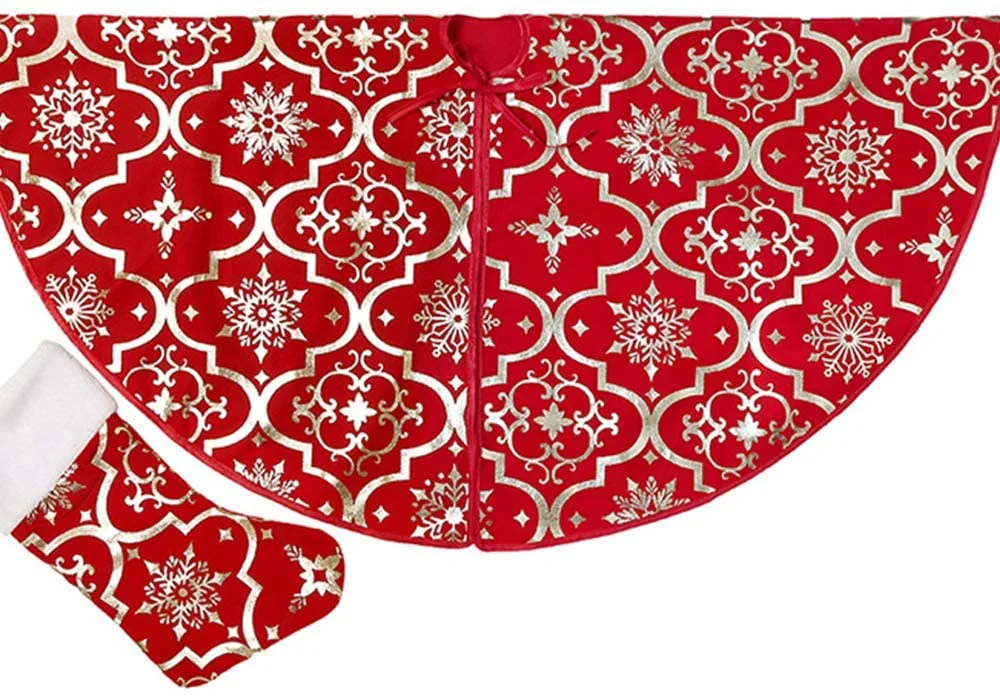 Luxury Red/Gold Gilded Large Xmas Tree Skirts with Merry Christmas Stocking for Happy New Year Party Holiday Decorations Ornaments