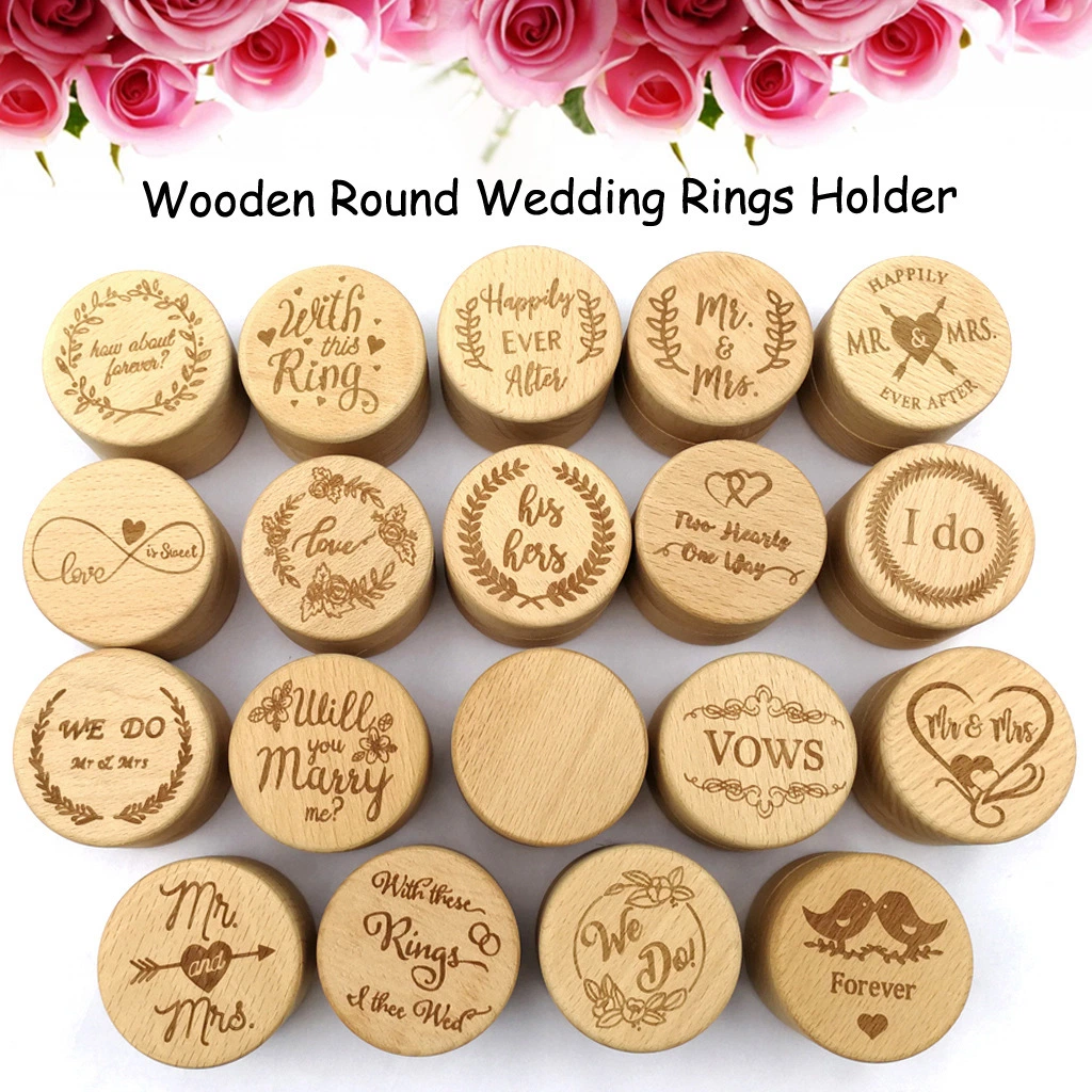 Cajas de anillo redondas de madera personalizadas al por mayor Boda redonda de madera Anillos sostenedor Valentines cuadro de anillo de madera