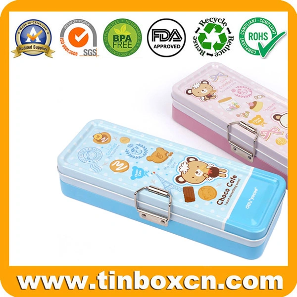 Double-Deck Stationery Metal Tin Box with Latch for Pencil Case