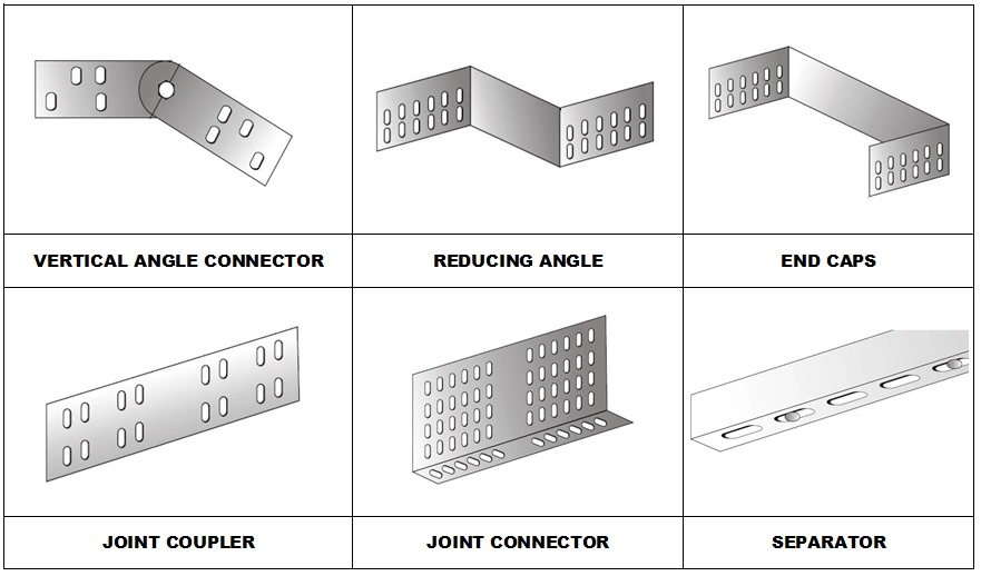 Accesorios para bandejas de cables conector en ángulo vertical/tapa de extremo/separador/acoplador