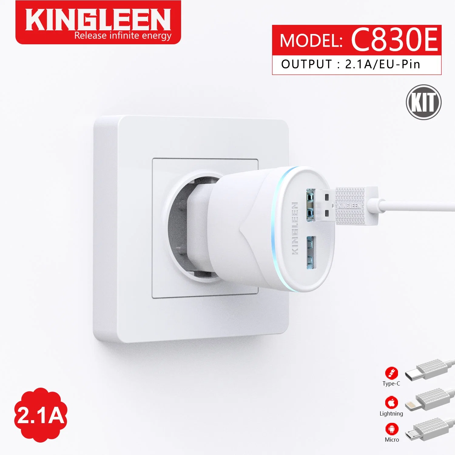 EU Plug 2.1A Dual USB Port Mobile Phone Charger Set with Micro Cable