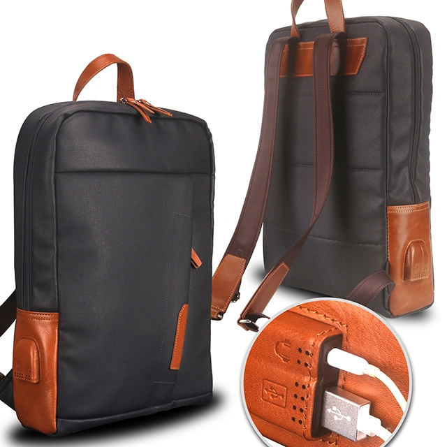 Fashion Travel Business Beschichtete Leinwand Echtem Leder Laptop Rucksack Tasche Hersteller für Männer Wasserdicht mit USB-Anschluss