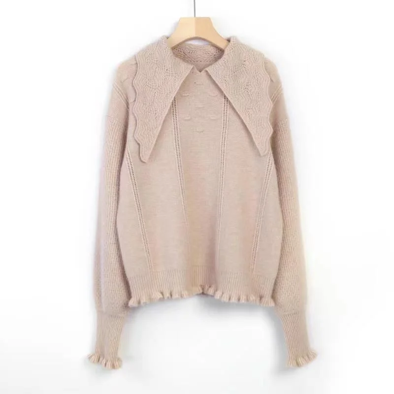 OEM Cashmere Solid Color Big Triangle Collar Pullover Long Sleeve Lady&prime; S Sweater