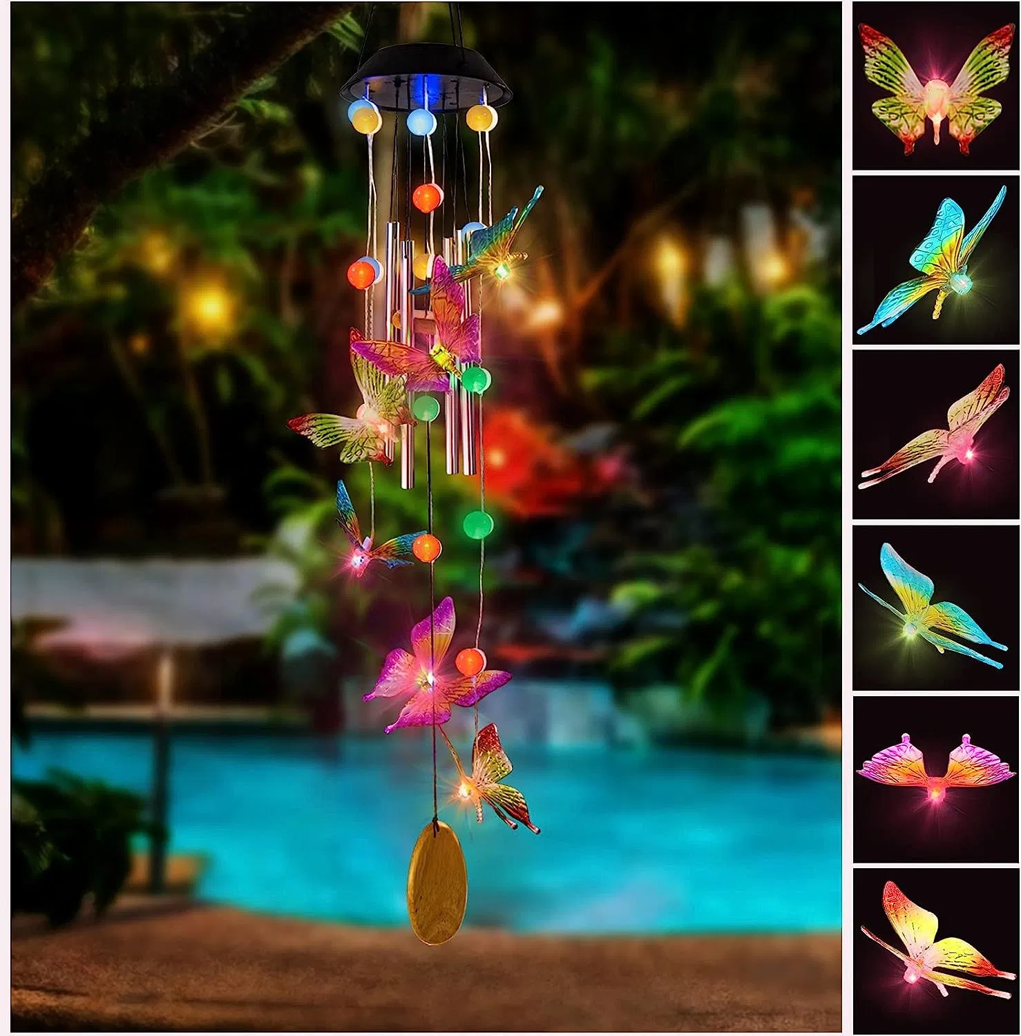 Wind Chimes, Home Decoration Solar Wind Chime 6 Butterfly 4 Music Aluminum Tubes 15 LED Balls Outdoor Waterproof LED Wind Chime, Gifts for Birthday Night Part