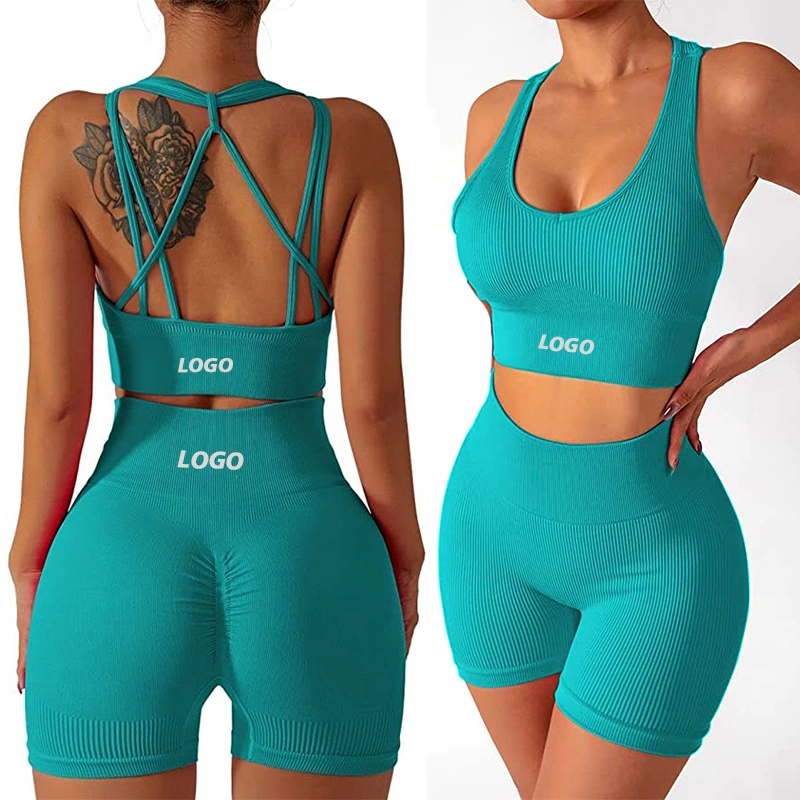 Tiktok Amazon Sexy Fitness Clothing Workout Set Gym Wear for Women, 2/3 PCS Yoga Outfits Multiple Straps Sports Bra + Seamless Scrunch Booty Shorts + Leggings