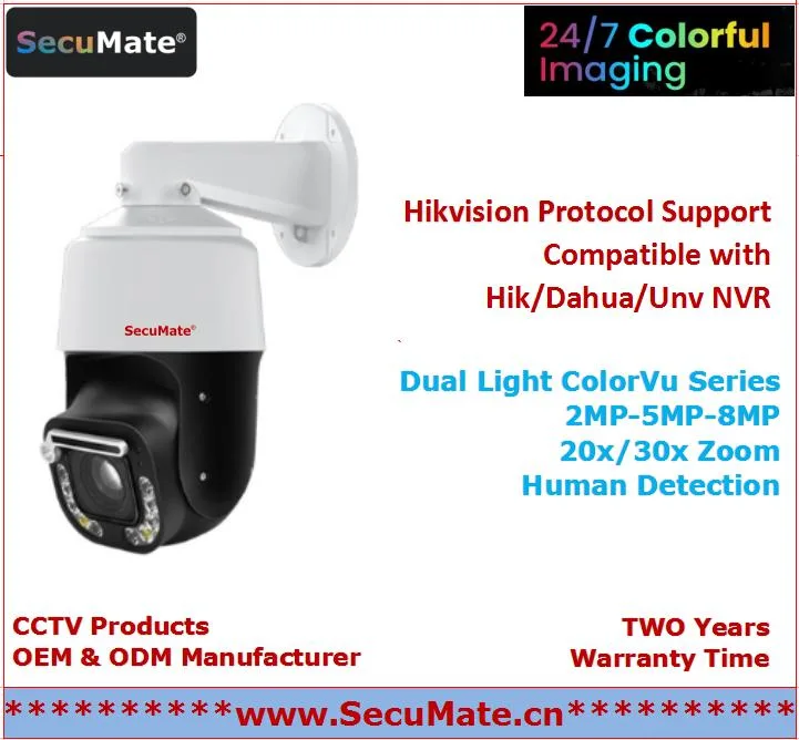 Secumate Full Color Dual Light Alarm Security IP Poe PTZ Speed Dome Camera with 20X Optical Zoom Human Auto Tracking and Water Wiper