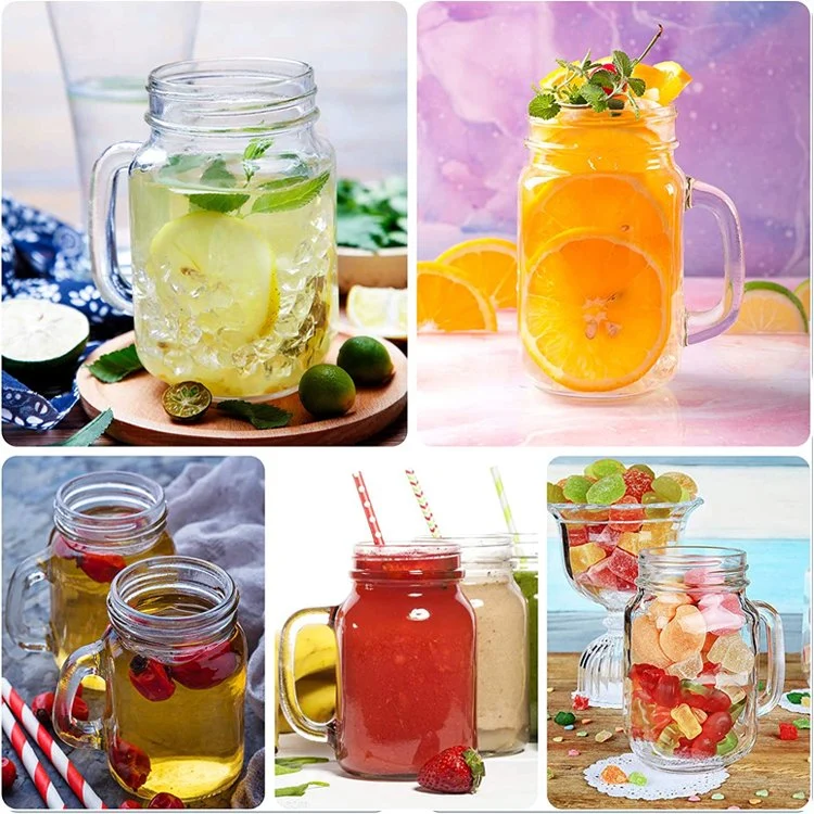 8oz quadratischer Glas-Mason-Becher mit Griff und Sliver Deckel für Getränke Limonade Bier Milchshakes Smoothies Marmelade