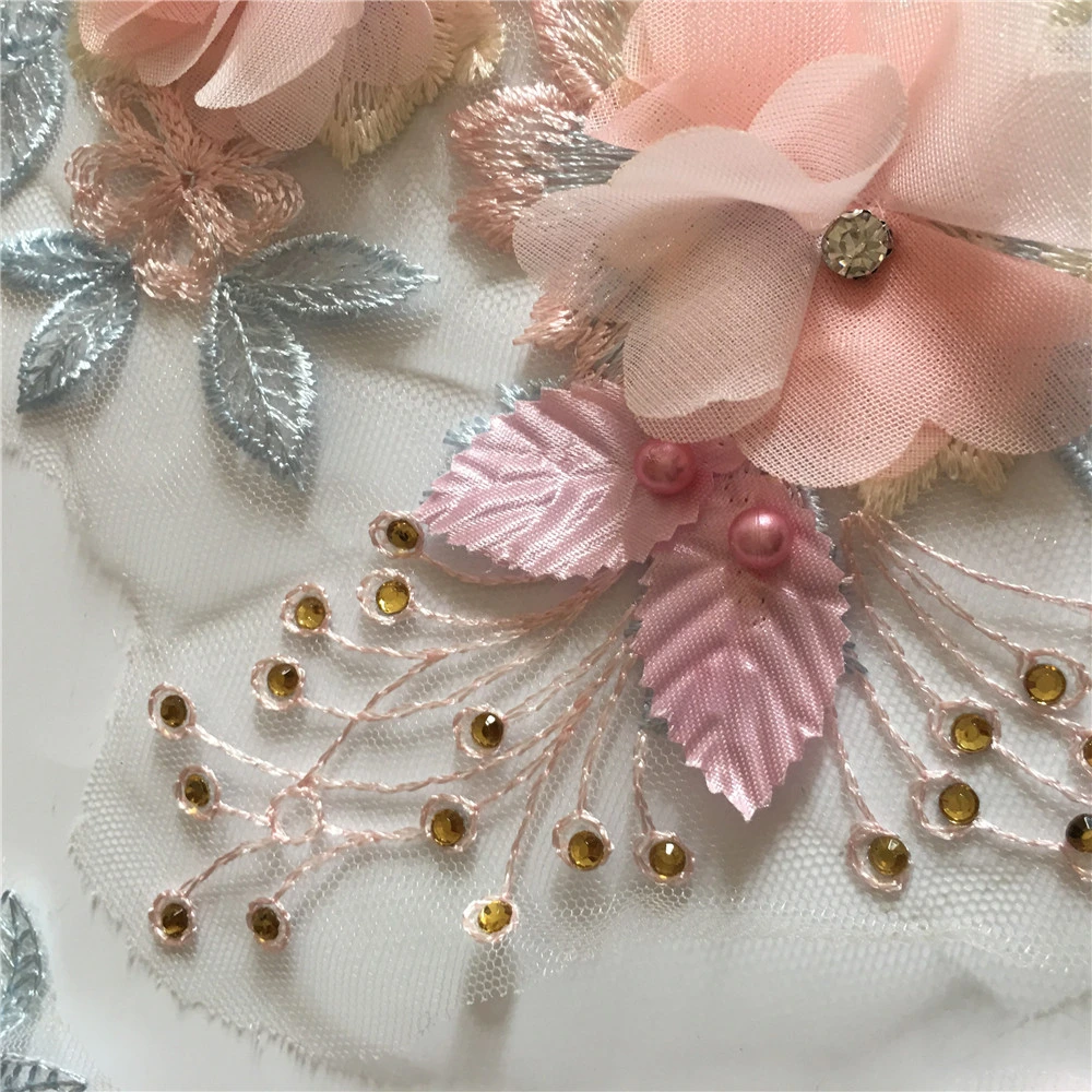 K1035 3D Flower Pearl Lace Mesh Lace Fabric Collar Flower DIY Embroidery Decorative Clothing Applique Accessories