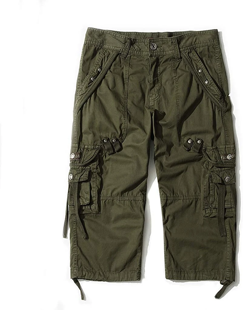 Mens Cargo Shorts Cotton 3/4 Loose Fit Below Knee Capri Cargo Short