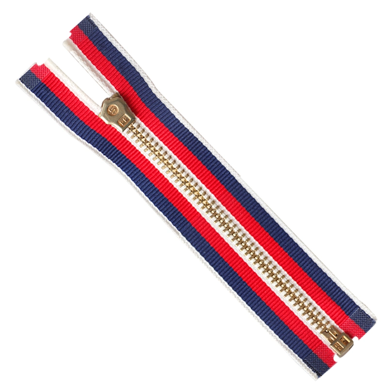 #5 Metal Brass Gold Teeth Blue and Red Tape Open End Zipper