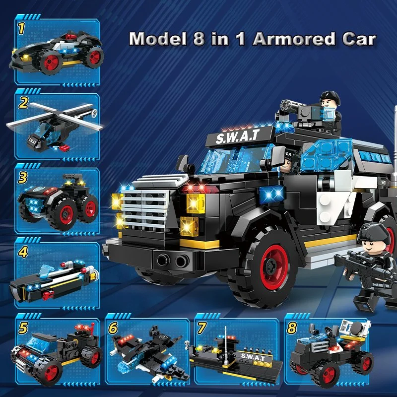 Woma Toy C5007 Model 8 in 1 Armored Car Student Special Team Child Swat War Vehicle Building Blocks Brick Set Kids Armed Helicopter Wholesale/Supplier Toy Car