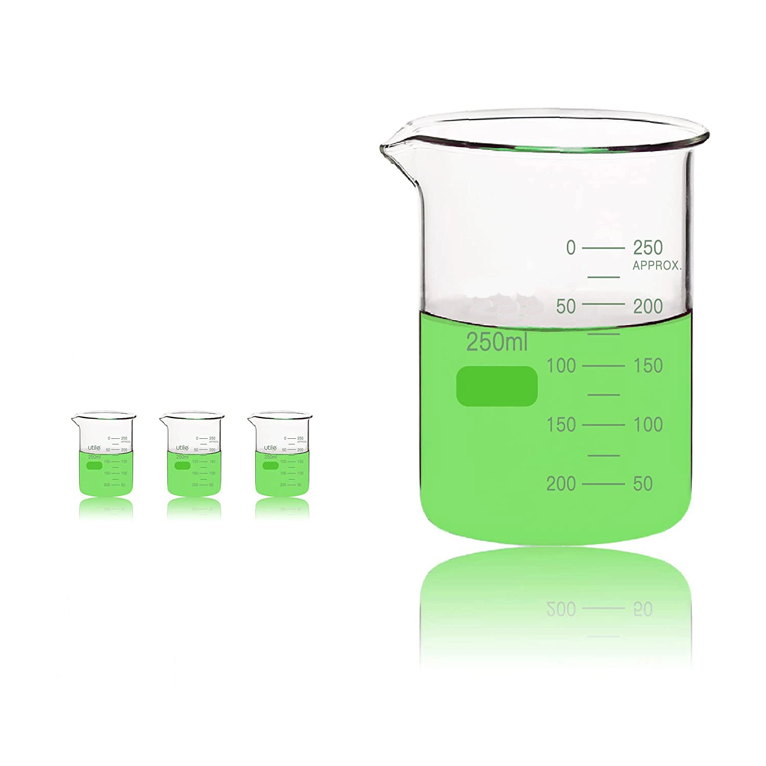 Laboratoire Chimie Bécher en verre borosilicaté 3.3 de forme haute de 250 ml, 500 ml, 1000 ml et 2000 ml.