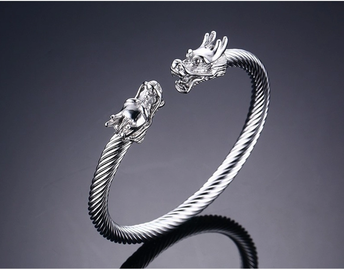 Titanium Steel Bracelet Steel Wire Stainless Steel Wia Dragon Head Open Bracelet Punk Men&prime; S Metal Bracelet Jewelry