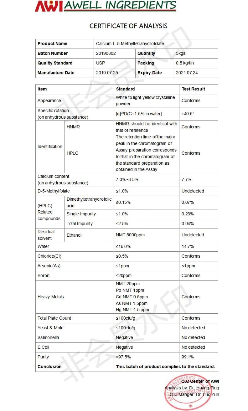 Levomefolate Calcium Calcium L-5-Methyltetrahydrofolate L-5-Mthf-Ca