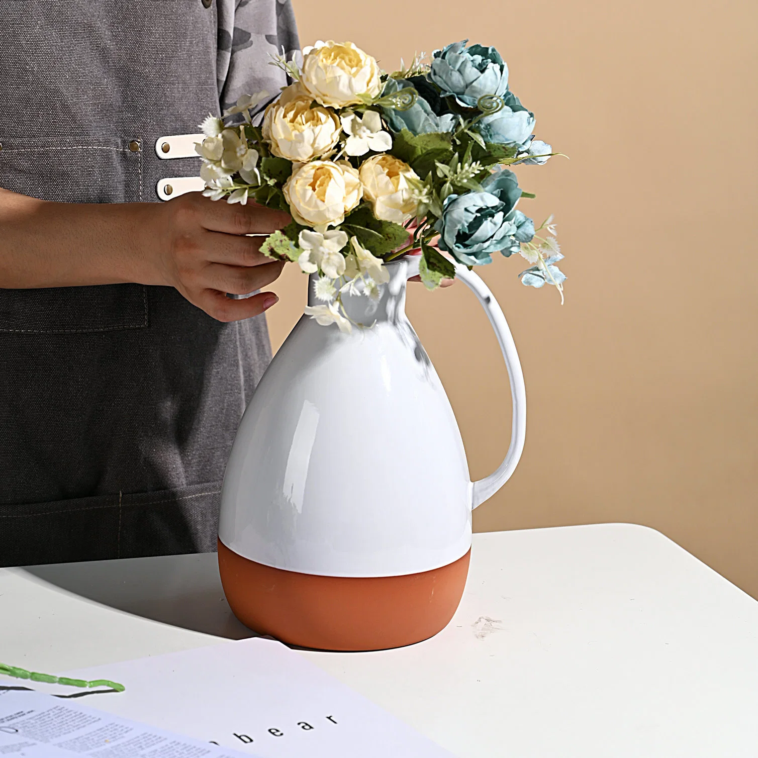 Terracotta White Shiny Glazed Kettle Jug Shaped Flower Pot with Large Thin Single Handle