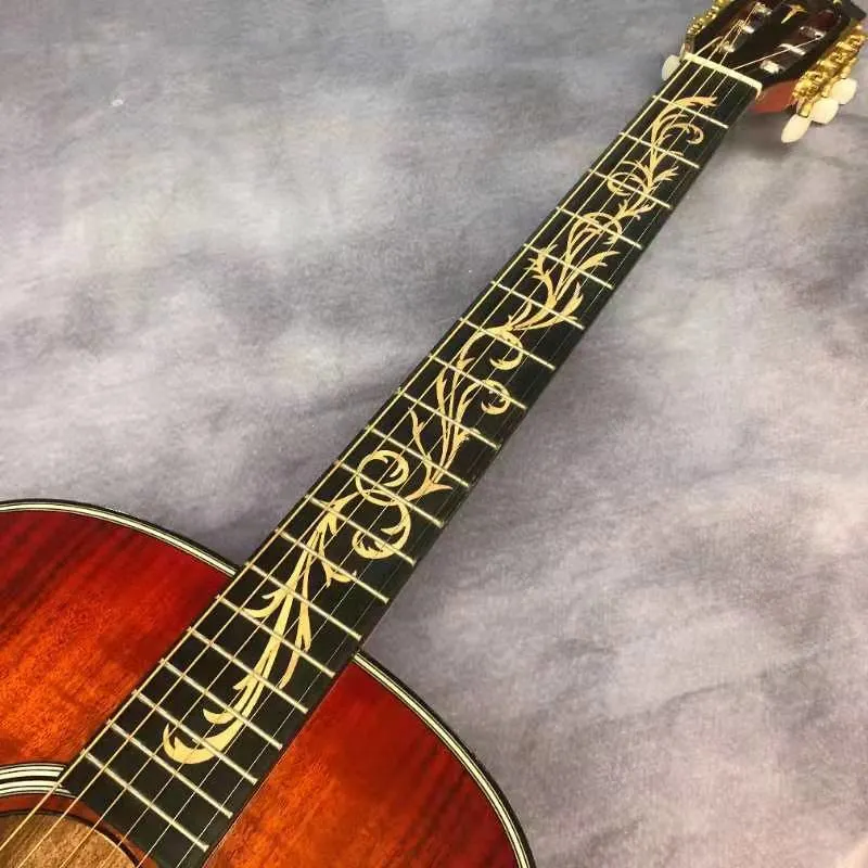 Custom 40 " pleine de bois de Koa coin arrondi incrustation de l'arbre de vie Fleur noir incrusté de doigt de la guitare acoustique