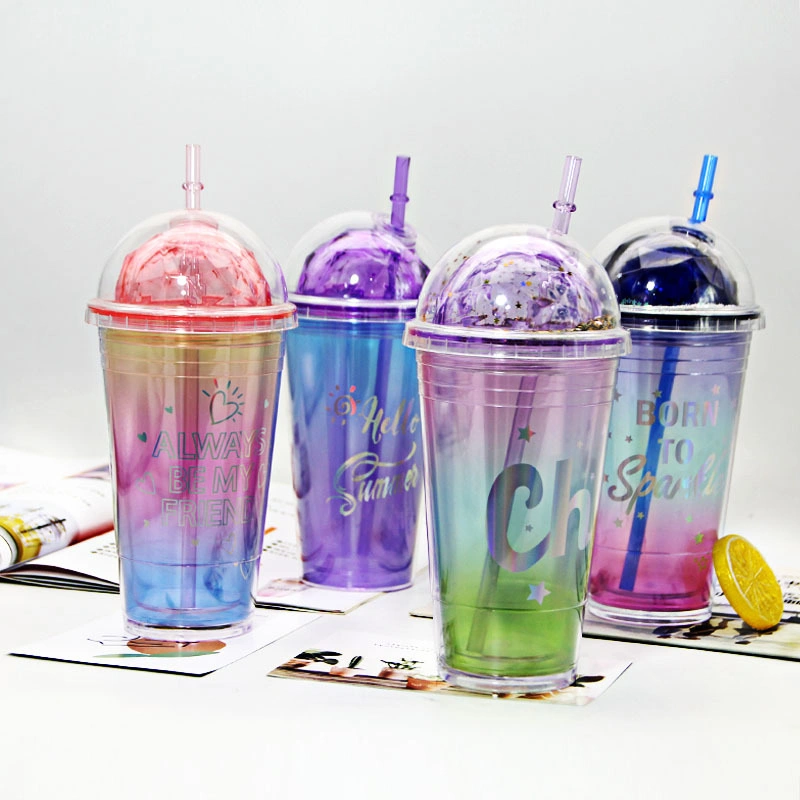 Wholesale/Supplier Double Wall Plastic Tumblers with Lids and Straws Reusable Unicorn Plastic Water Bottle Coffee Cup LED Light Cup