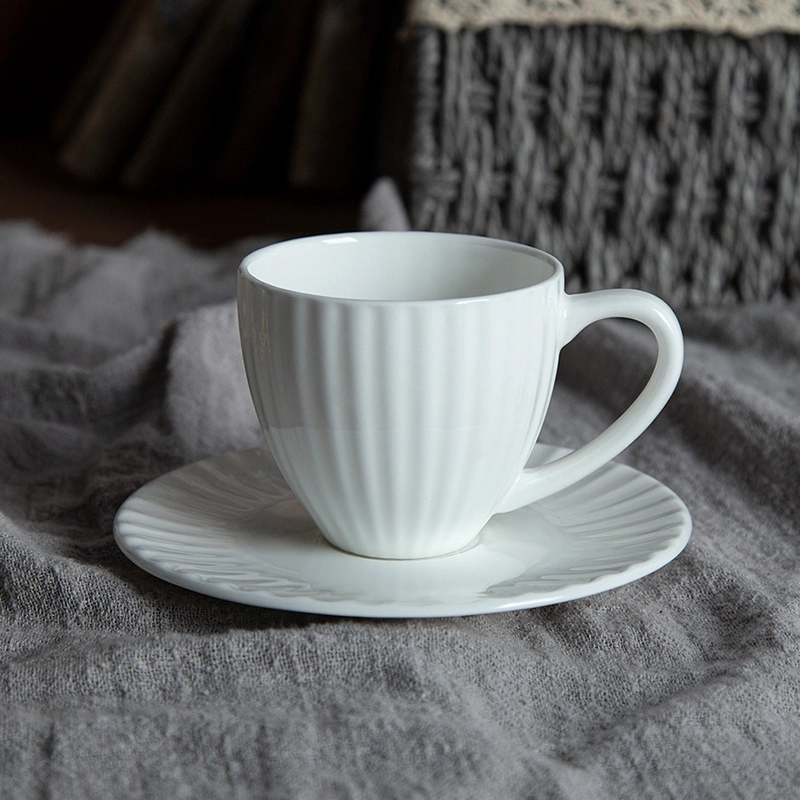 Hot Selling Embossing White Bone China Tea Cup and Saucer Set