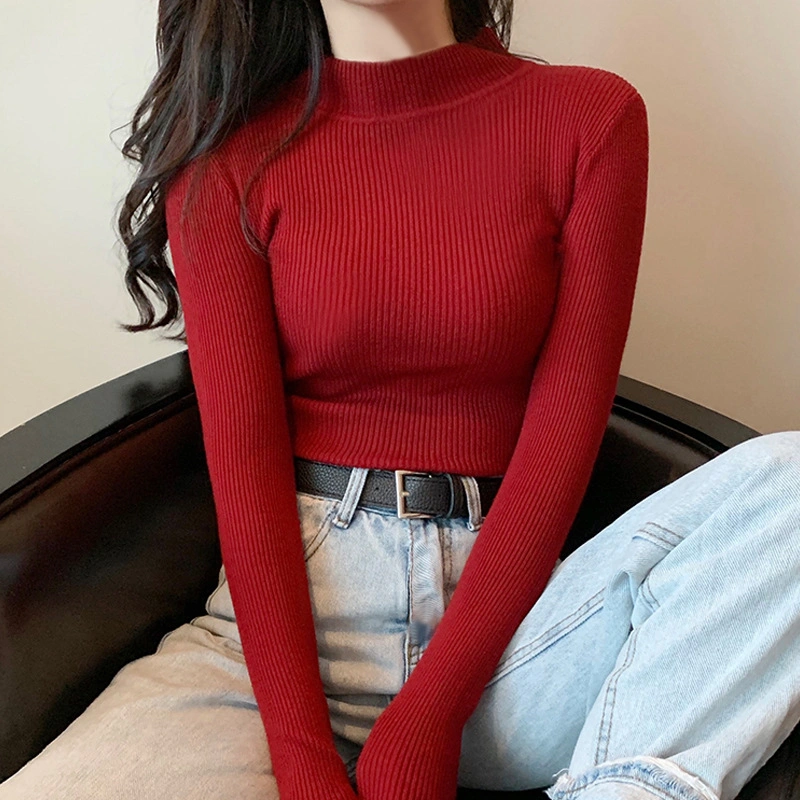 Moda de alta calidad de color sólido mujeres Suéter Otoño Invierno Turtleneck Suéteres de punto elásticos de manga larga