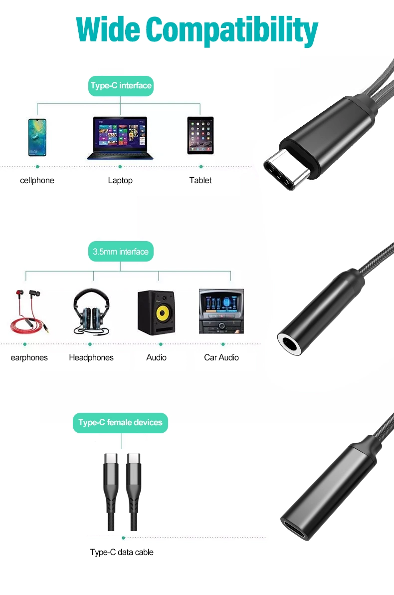 HiFi Dac Aux Audio 32bit/384kHz 2 in 1 USB Type C to 3.5mm Audio Adapter with Pd 60W Fast Charging Cable Jack Adapter