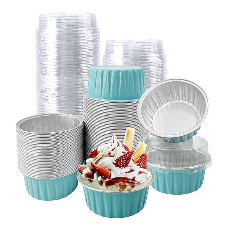 Aluminium Becher mit Deckel Einweg-Ramekin Backbecher Muffin Liner Mini Pie Pfannen Folie Cupcake Behälter für Weihnachtsfeier Hochzeit Party